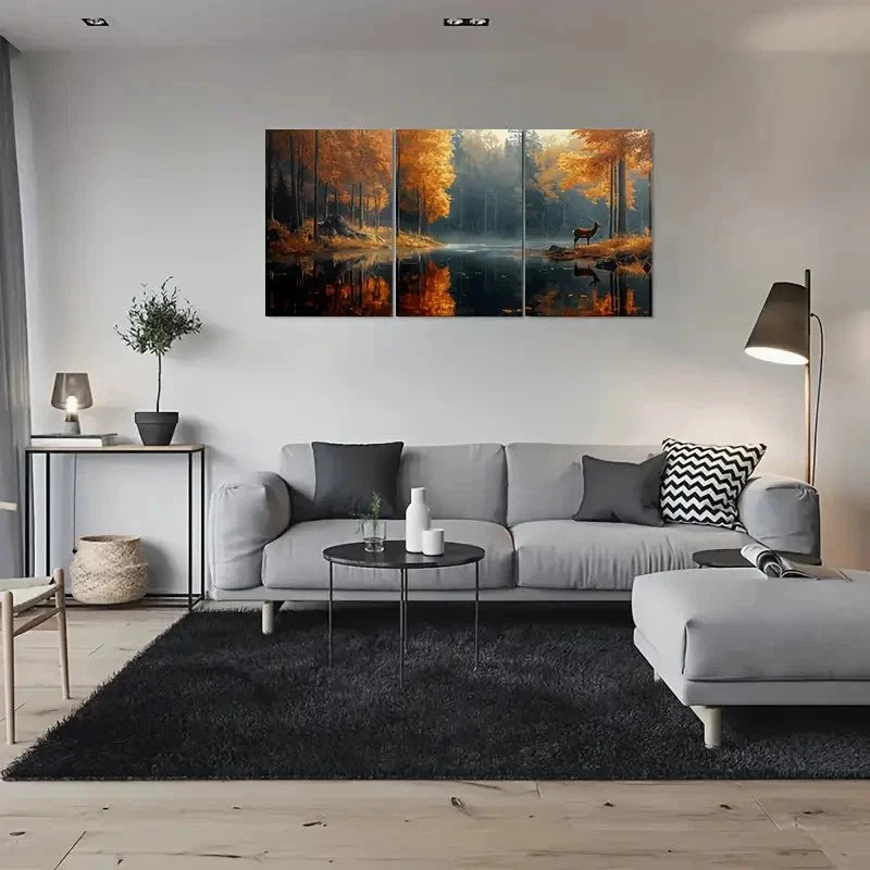 3pcs Autumn Forest Lake Deer Nature Metal Print Ready to Hang Art