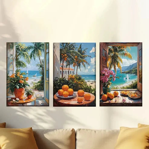 3pcs Beach with Palm Trees, Oranges & Flower Wall Art Set Canvas Unframed – High Quality Print 100% Australian Made Wall Canvas