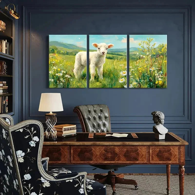 3pcs Spring Meadow Lamb & Floral Landscape Metal Print Ready to Hang Art