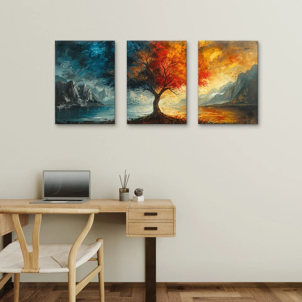 3pcs Rainbow Four Seasons Tree Wall Art Set Canvas Framed 60x90cm - High Quality Print 100% Australian Made Wall Canvas Ready to Hang
