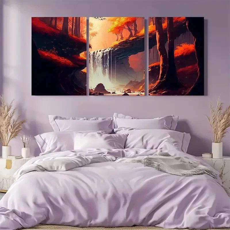 3pcs Fantasy Waterfall Orange Nature Painting Metal Print Ready to Hang Art