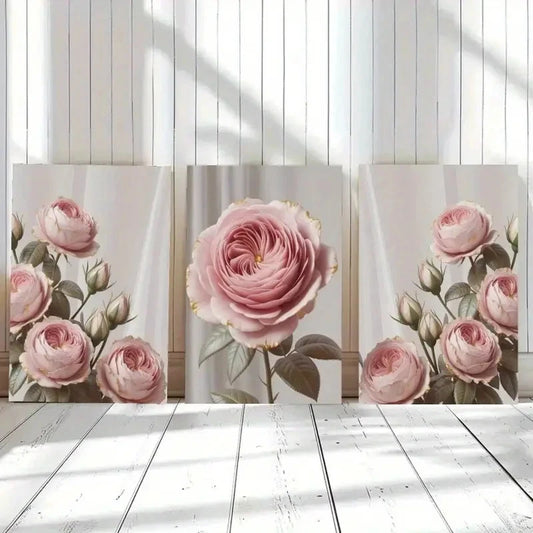 3pcs Pink Rose Golden Edged0 Floral Metal Print Ready to Hang Art