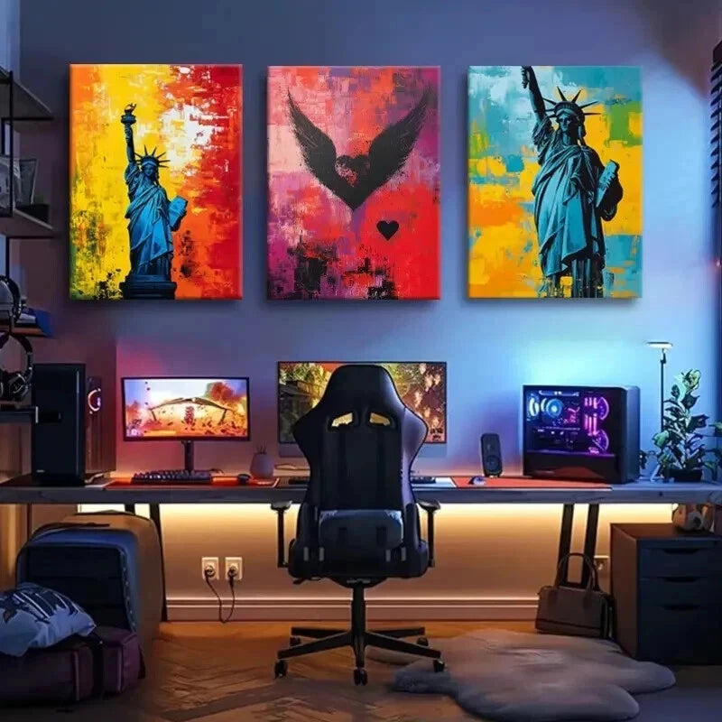 3pcs Statue of Liberty Graffiti Vibrant Perfect Wall Art Set Canvas Framed 40x60cm - High Quality Print 100% Australian Made Wall Canvas Ready to Hang