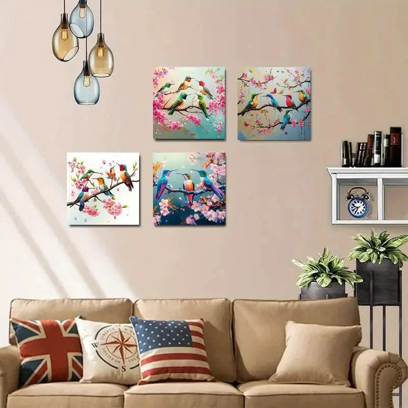 4pcs Vibrant Hummingbirds With Cherry Blossoms Wall Art Canvas Framed