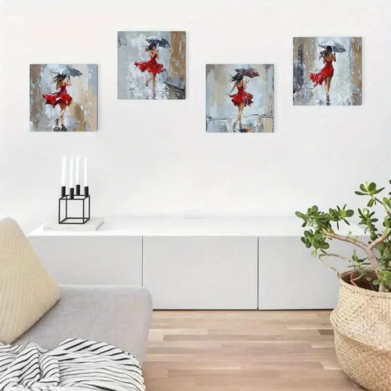 4pcs Girl Umbrella With Red Dress Walking Wall Art Canvas Framed