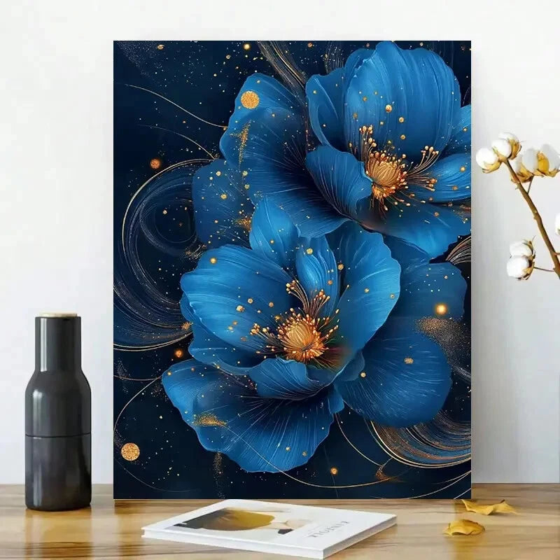 Elegant Blue Floral Golden Glitter Swirls and Dots 40x60cm Metal Print Ready to Hang