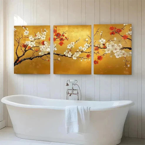 3pcs Golden Plum Blossom Branches Floral Perfect Wall Art Canvas Unframed - High Quality Print 100% Australian Made Wall Canvas