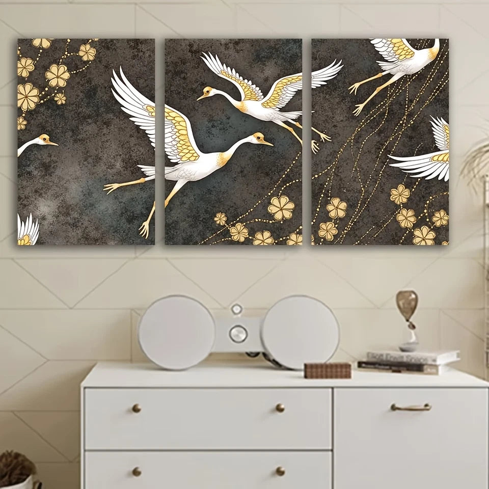 3pcs Crane Flight Golden & White Floral Design Wall Art Set Canvas Framed 50x70cm - High Quality Print 100% Australian Made Wall Canvas Ready to Hang
