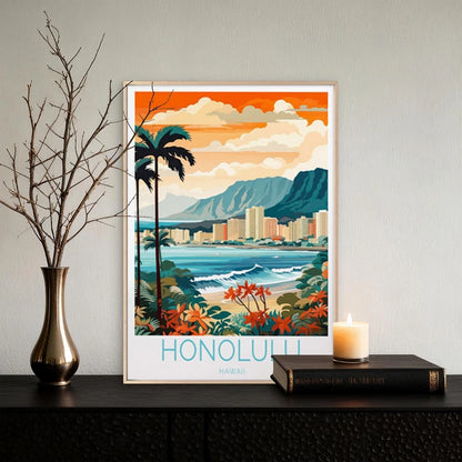 Honolulu Hawaii Beach, Palm Trees Paint Travel Poster Print Wall Art