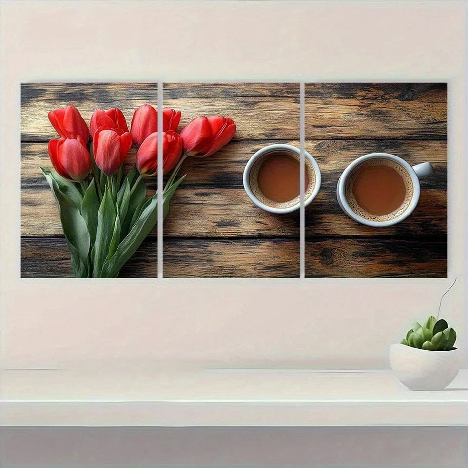 3pcs Vibrant Red Modern Tulips & Coffee Metal Print Ready to Hang Art