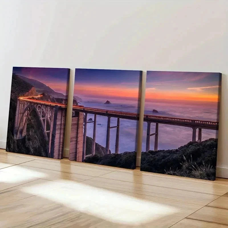 3pcs Coastal Landscape with Train & Sunset Wall Art Set Canvas Framed 40x60cm - High Quality Print 100% Australian Made Wall Canvas Ready to Hang