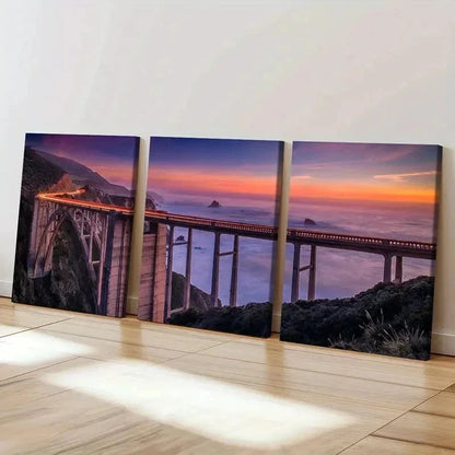 3pcs Coastal Landscape with Train & Sunset Wall Art Set Canvas Framed 40x60cm - High Quality Print 100% Australian Made Wall Canvas Ready to Hang