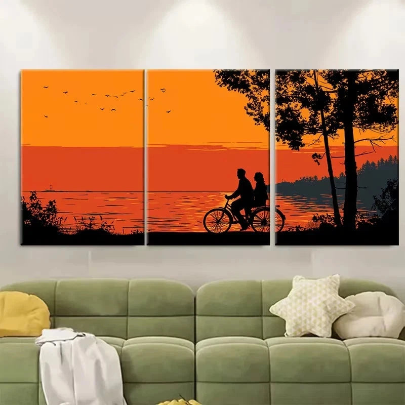 3pcs Silhouette of Couple on Bicycle by Lake Wall Art Set Canvas Framed 50x70cm – High Quality Print 100% Australian Made Wall Canvas Ready to Hang