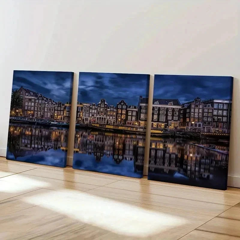 3pcs Netherlands Landscape Amsterdam Canal Wall Art Set Canvas Framed 40x60cm - High Quality Print 100% Australian Made Wall Canvas Ready to Hang