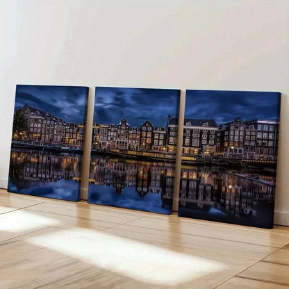 3pcs Netherlands Landscape Amsterdam Canal Wall Art Set Canvas Framed 40x60cm - High Quality Print 100% Australian Made Wall Canvas Ready to Hang