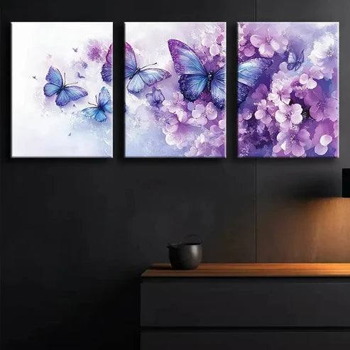 3pcs Blue Butterflies with Floral Accents Wall Art Canvas Unframed - High Quality Print 100% Australian Made Wall Canvas