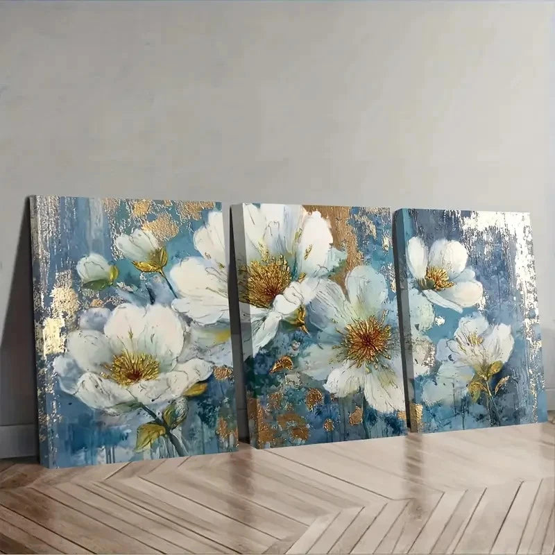 3pcs White Flowers With Blue Accents  Wall Art Set Canvas Framed 60x90cm - High Quality Print 100% Australian Made Wall Canvas Ready to Hang