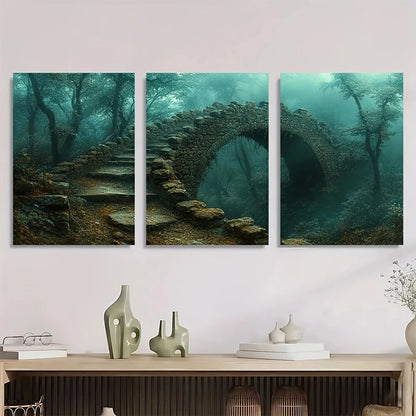 3pcs Eerie Forest Pathway Scene with Stone Bridge Metal Print Ready to Hang Art