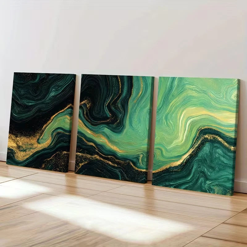 3pcs Teal & Golden Abstract Swirl Pattern  Wall Art Set Canvas Framed 60x90cm - High Quality Print 100% Australian Made Wall Canvas Ready to Hang