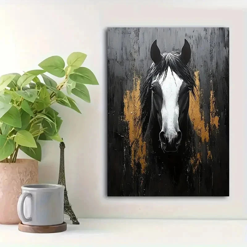 Beautiful Black & White Horse Golden Accents Painting 40x60cm Metal Print Ready to Hang