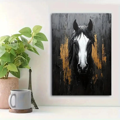 Beautiful Black & White Horse Golden Accents Painting 40x60cm Metal Print Ready to Hang