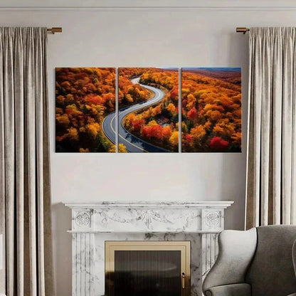 3pcs Golden Leaves Road Modern Decoration Wall Art Set Canvas Framed 40x60cm - High Quality Print 100% Australian Made Wall Canvas Ready to Hang
