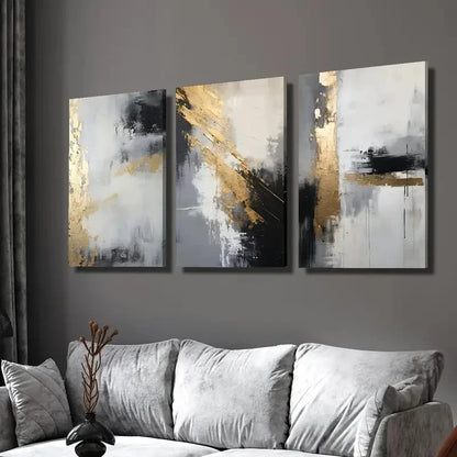 3pcs Golden Black Abstract Oil Painting Wall Art Set Canvas Framed 50x70cm - High Quality Print 100% Australian Made Wall Canvas Ready to Hang