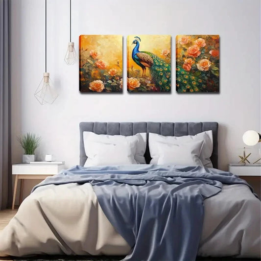 3pcs Vibrant Peacock & Rose Décor Perfect Wall Art Set Canvas Framed 40x60cm - High Quality Print 100% Australian Made Wall Canvas Ready to Hang