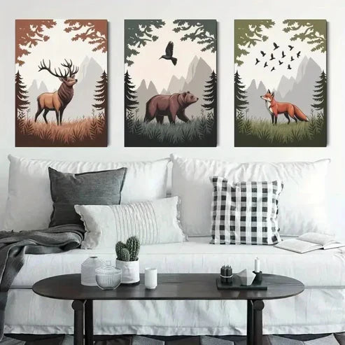 3pcs Deer, Bear, Fox, Pine Trees Wall Art Canvas Unframed - High Quality Print 100% Australian Made Wall Canvas
