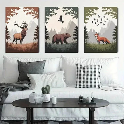 3pcs Deer, Bear, Fox, Pine Trees Wall Art Canvas Unframed - High Quality Print 100% Australian Made Wall Canvas