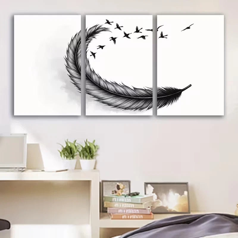 3pcs Black and White Feather Painting Wall Art Set Canvas Framed 40x60cm - High Quality Print 100% Australian Made Wall Canvas Ready to Hang