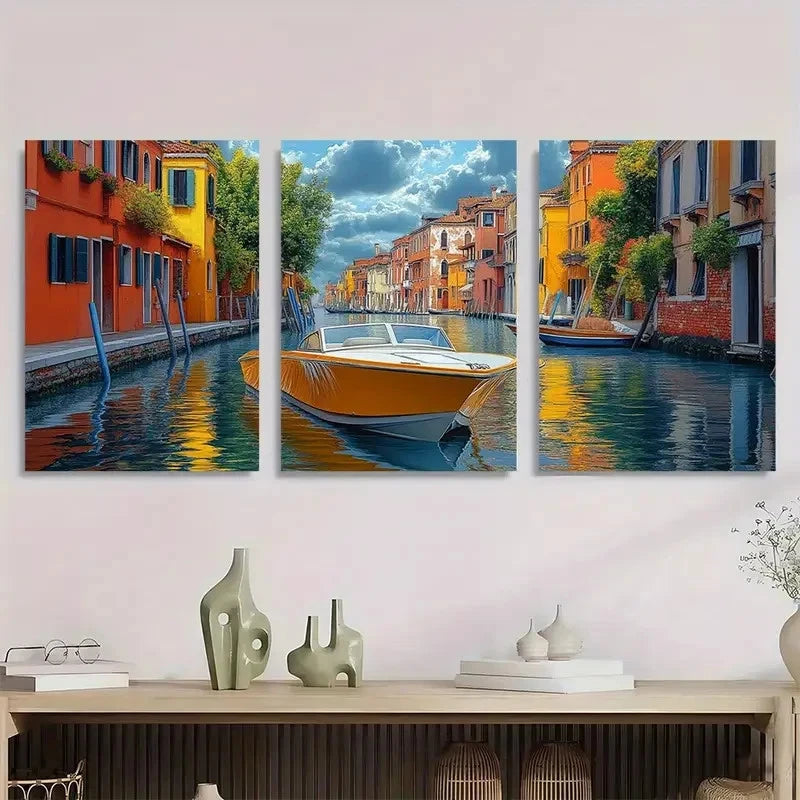 3pcs Venice Canal Colorful Waterfront Perfect Wall Art Set Canvas Framed 40x60cm - High Quality Print 100% Australian Made Wall Canvas Ready to Hang
