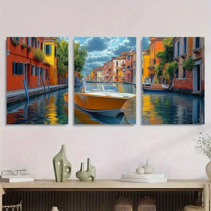 3pcs Venice Canal Colorful Waterfront Perfect Wall Art Set Canvas Framed 40x60cm - High Quality Print 100% Australian Made Wall Canvas Ready to Hang