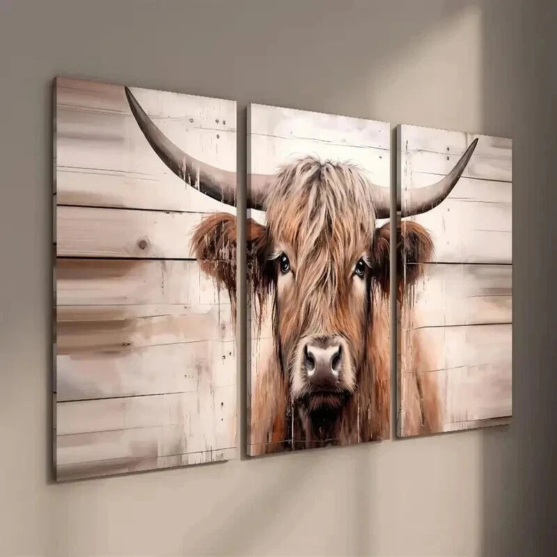 3pcs Highland Cow Modern Farmhouse Decor Wall Art Set Canvas Framed 50x70cm - High Quality Print 100% Australian Made Wall Canvas Ready to Hang