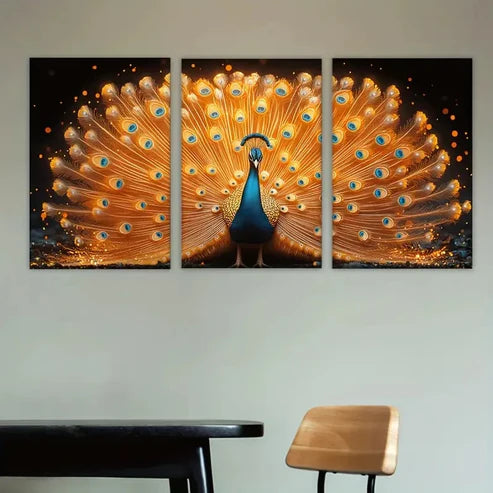 3pcs Peacock Displaying Its Plumage Wall Art Set Canvas Unframed - High Quality Print 100% Australian Made Wall Canvas