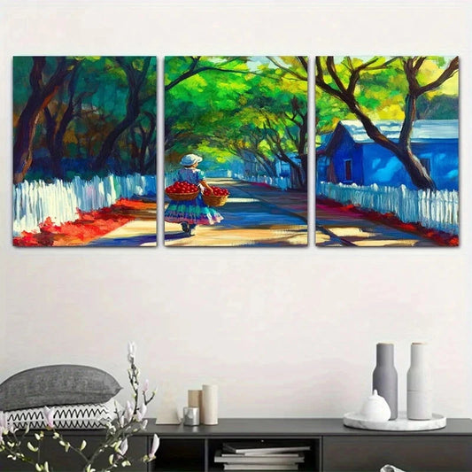 3pcs Rural Scenery with Blue Cabin and White Fence Metal Print Ready to Hang Art