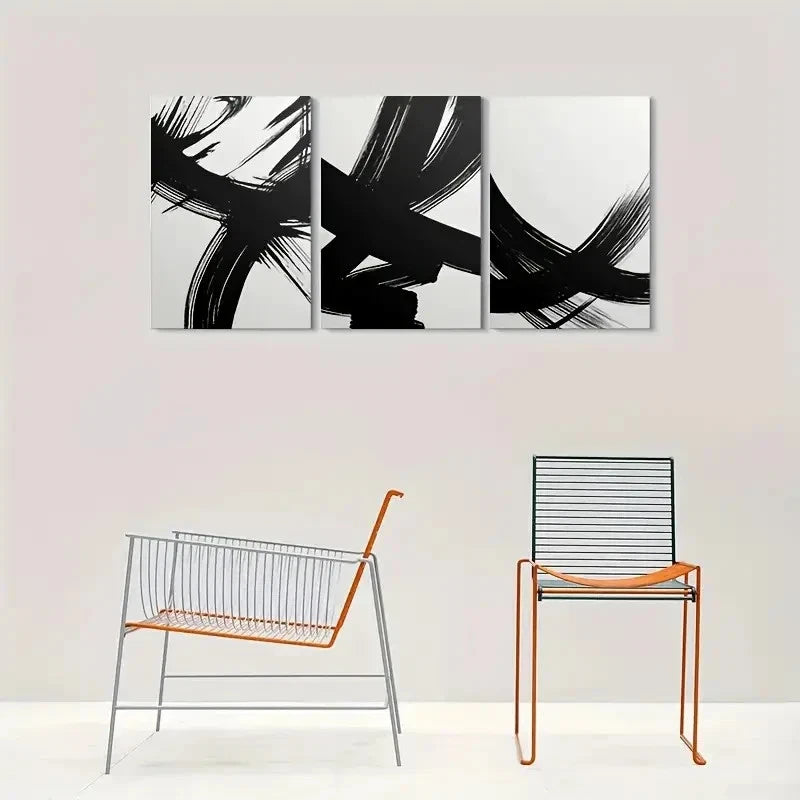 3pcs Abstract Black and White Brushstroke Metal Print Ready to Hang Art