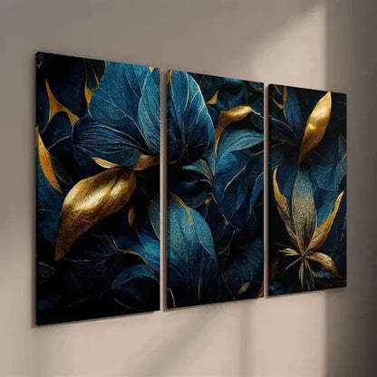 3pcs Abstract Golden And Blue Tropical Leaves Wall Art Set Canvas Unframed - High Quality Print 100% Australian Made Wall Canvas