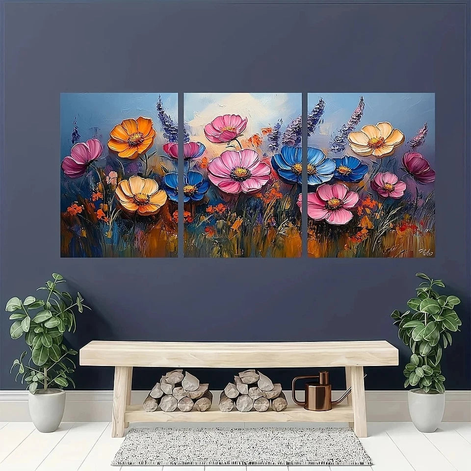 3pcs Vibrant Poppies Wildflowers & Lush Greenery Metal Print Ready to Hang Art