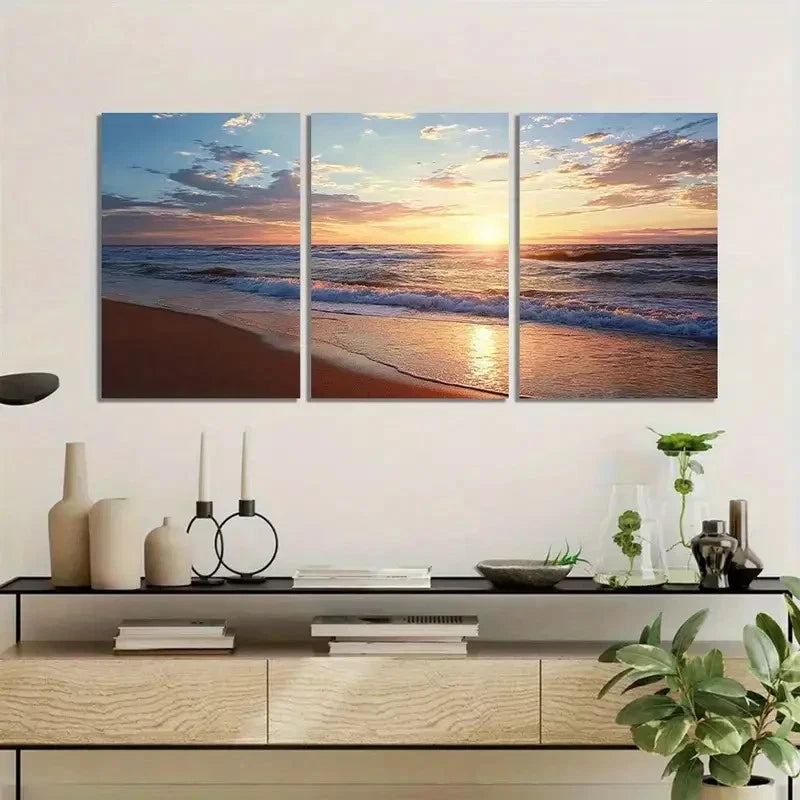 3pcs Beach Sunset Scene with Golden Sand Metal Print Ready to Hang Art