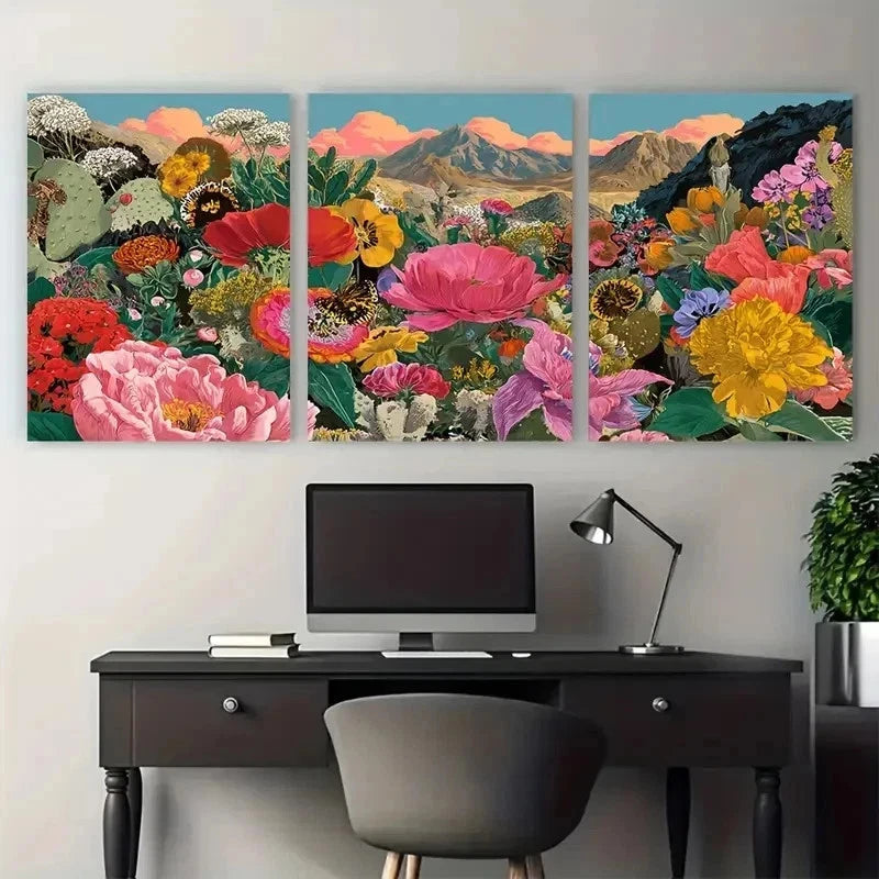 3pcs Vintage Wildflower Mountain Florals Perfect Wall Art Set Canvas Framed 50x70cm - High Quality Print 100% Australian Made Wall Canvas Ready to Hang