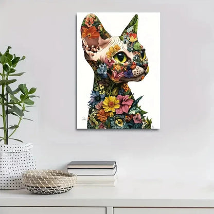 Vibrant Floral Sphynx Kitten Colorful Flowers Painting 40x60cm Metal Print Ready to Hang