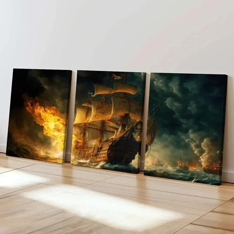 3pcs Pirate Ship On Fire in the Sea Wall Art Set Canvas Framed 40x60cm - High Quality Print 100% Australian Made Wall Canvas Ready to Hang