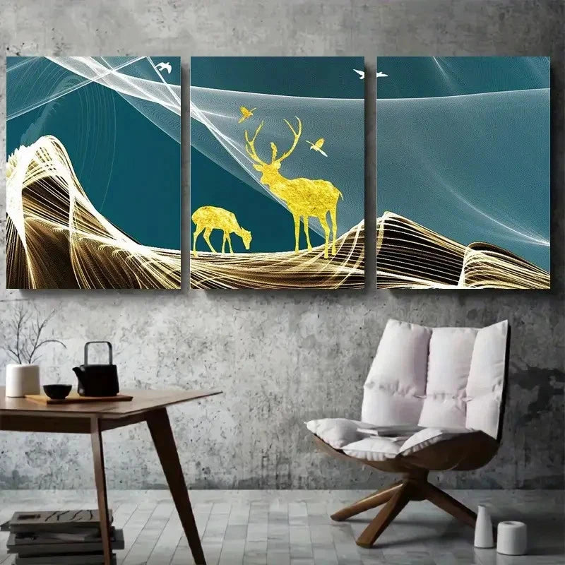 3pcs Golden Deer and Nature Landscape Metal Print Ready to Hang Art