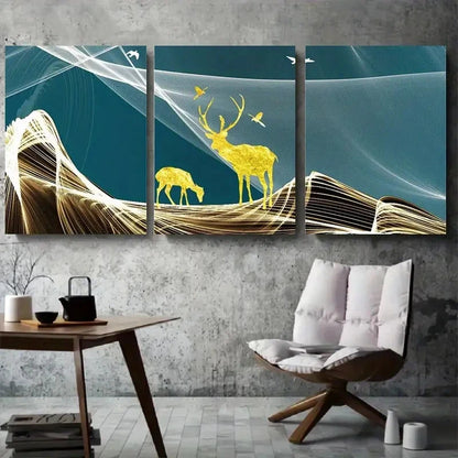 3pcs Golden Deer and Nature Landscape Metal Print Ready to Hang Art