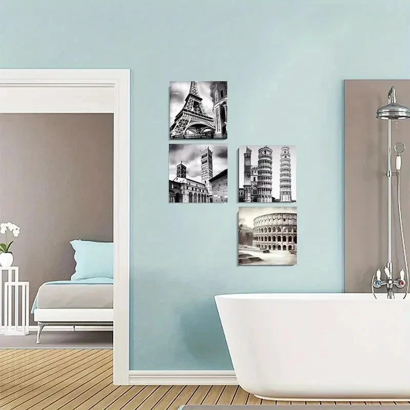 4pcsVintage Black And White European Landmark Wall Art Canvas Framed