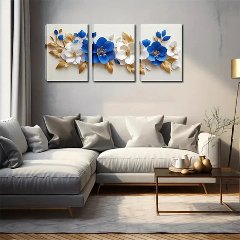 3pcs Blue & White Floral Design Triptych Perfect Wall Art Canvas Unframed - High Quality Print 100% Australian Made Wall Canvas