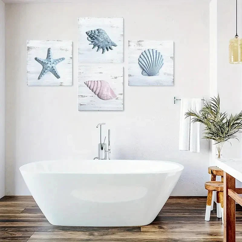 4pcs Starfish Wall Art Decor, Seashell Wall Art Canvas Framed