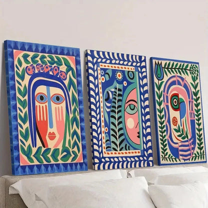 3pcs Classic Modern Bohemian Face Painting Wall Art Set Canvas Framed 40x60cm - High Quality Print 100% Australian Made Wall Canvas Ready to Hang