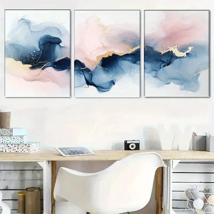 3pcs Abstract Ink Paintings In Shades Of Blue Perfect Wall Art Canvas Unframed – High Quality Print 100% Australian Made Wall Canvas